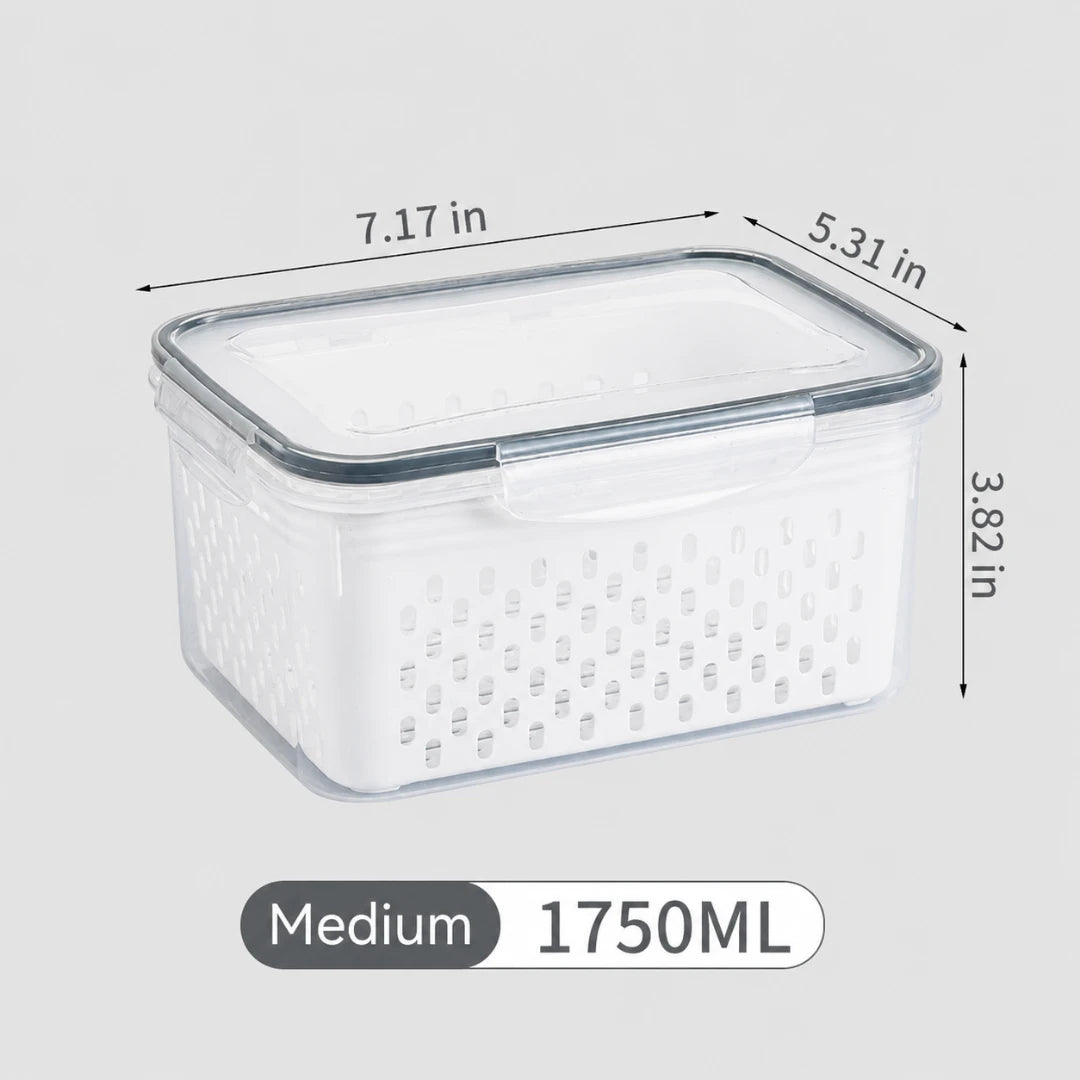 Josh & Tate - FreshBasket™ 3-in-1 Storage Set - A white plastic storage basket with a clear lid, shown with dimension lines indicating 7.17 in by 5.
