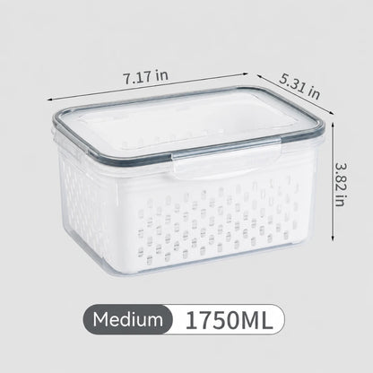 Josh & Tate - FreshBasket™ 3-in-1 Storage Set - A white plastic storage basket with a clear lid, shown with dimension lines indicating 7.17 in by 5.