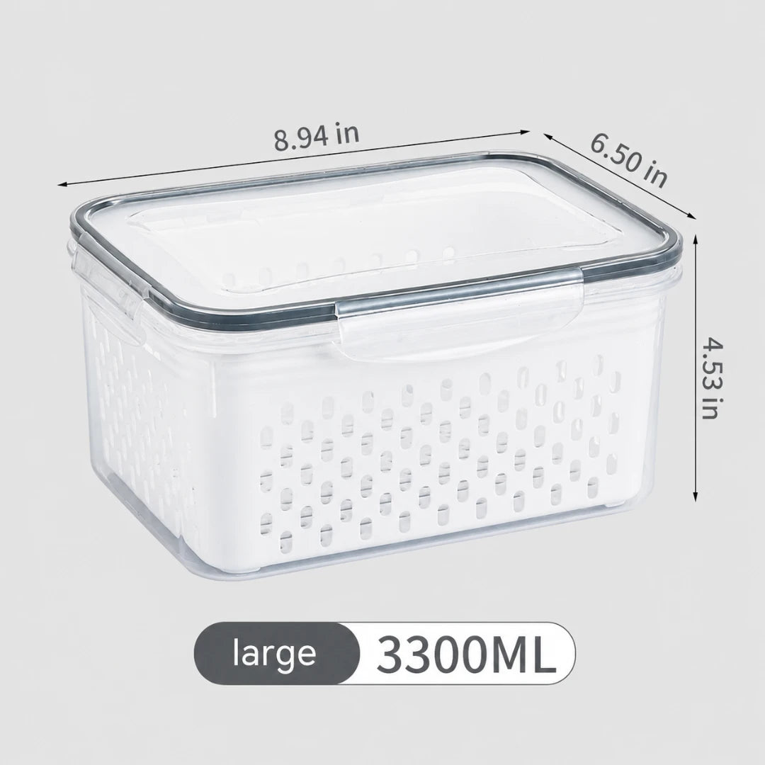 Josh & Tate - FreshBasket™ 3-in-1 Storage Set - A white plastic basket with a clear lid and gray trim, shown with dimension lines indicating 8.94 in by 6.