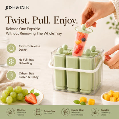 Josh & Tate - FrostPop™ 2-in-1 Popsicle Maker - Popsicle mold with a hand pulling out a popsicle, surrounded by fruits and vegetables.