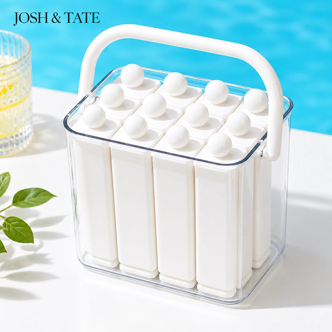 Josh & Tate - FrostPop™ 2-in-1 Popsicle Maker - Clear container with white ice cream sticks and lids, branded 'Josh & Tate', on a blue background.
