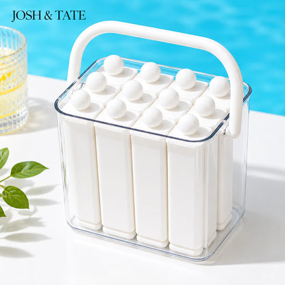 Josh & Tate - FrostPop™ 2-in-1 Popsicle Maker - Clear container with white ice cream sticks and lids, branded 'Josh & Tate', on a blue background.