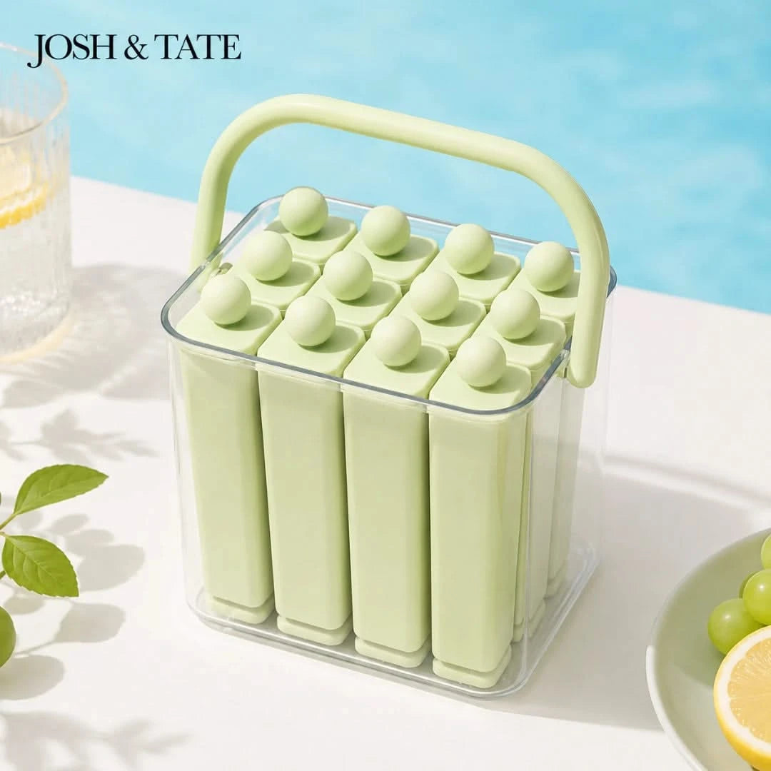 Josh & Tate - FrostPop™ 2-in-1 Popsicle Maker - Green popsicle mold with popsicles on a white surface with a blue background