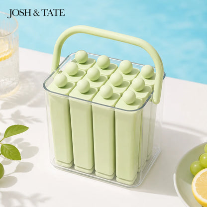 Josh & Tate - FrostPop™ 2-in-1 Popsicle Maker - Green popsicle mold with popsicles on a white surface with a blue background