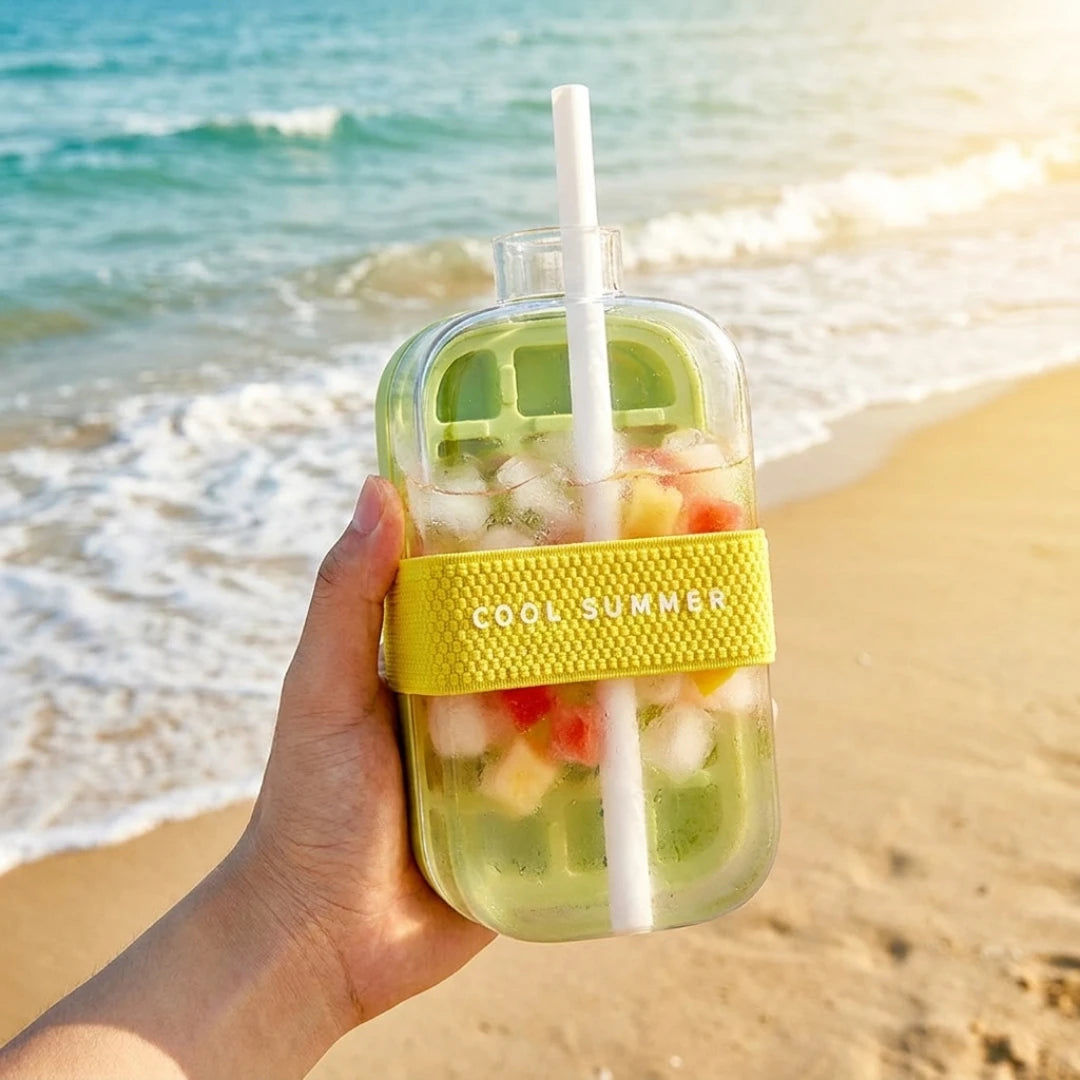 Josh & Tate - FrostPour™ 2-in-1 Ice Cube Tray & Drinking Bottle - Hand holding a clear drink container with colorful fruit pieces and a straw, labeled 'Cool Summer', against a beach background.