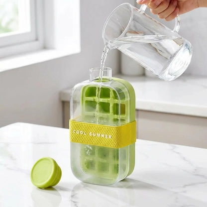 Josh & Tate - FrostPour™ 2-in-1 Ice Cube Tray & Drinking Bottle - Green ice cube tray with yellow band being filled with water on a white surface.