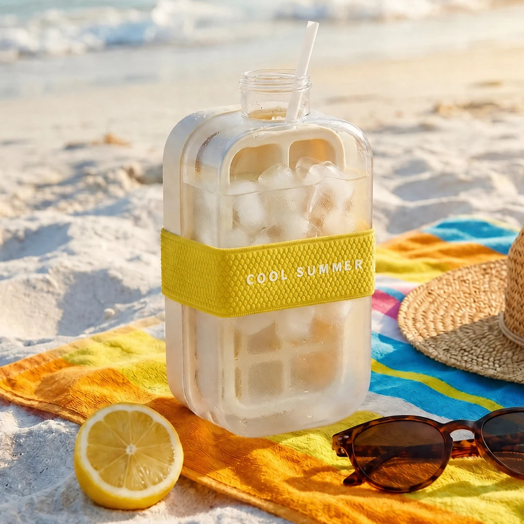 Josh & Tate - FrostPour™ 2-in-1 Ice Cube Tray & Drinking Bottle - Clear bottle with yellow band labeled 'Cool Summer' on a beach setting with sunglasses and lemon.