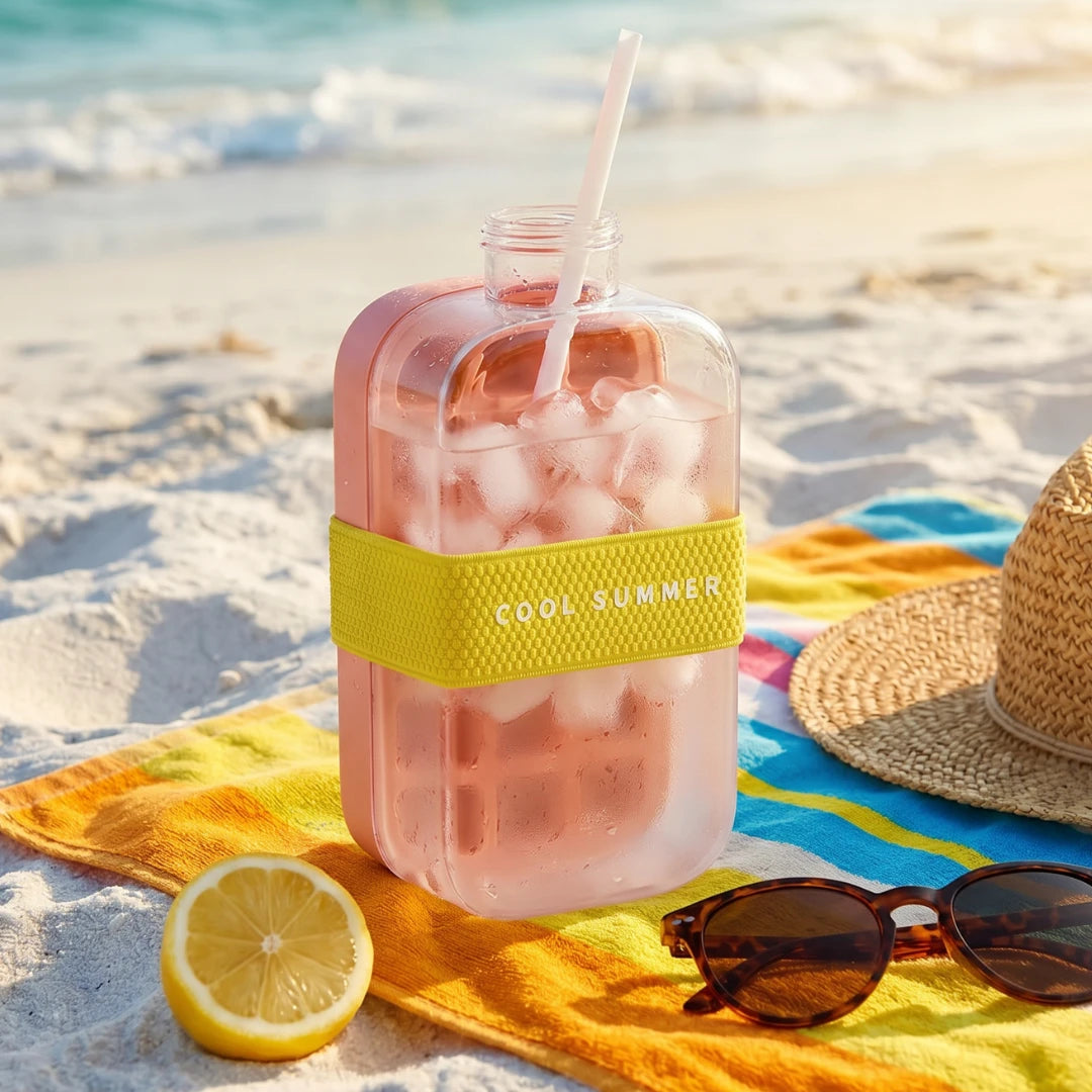Josh & Tate - FrostPour™ 2-in-1 Ice Cube Tray & Drinking Bottle - Clear bottle with pink drink, lemon, sunglasses, and straw on a beach towel with 'Cool Summer' band.