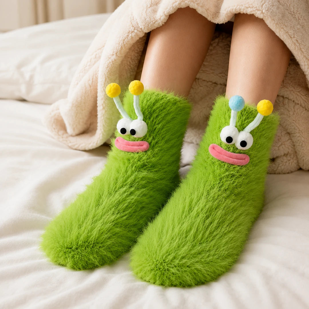 Josh & Tate - FuzzBuddy™ Cozy Socks - A person wearing bright green fuzzy monster socks with cartoon eyes, pink mouths, and colorful antennae, photographed on a bed under a cream blanket.