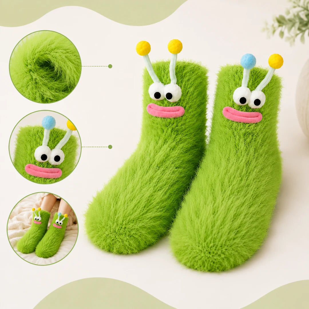 Josh & Tate - FuzzBuddy™ Cozy Socks - A pair of bright lime green fuzzy slipper socks with cartoon monster faces, shown on a light beige background with three circular inset detail photos.