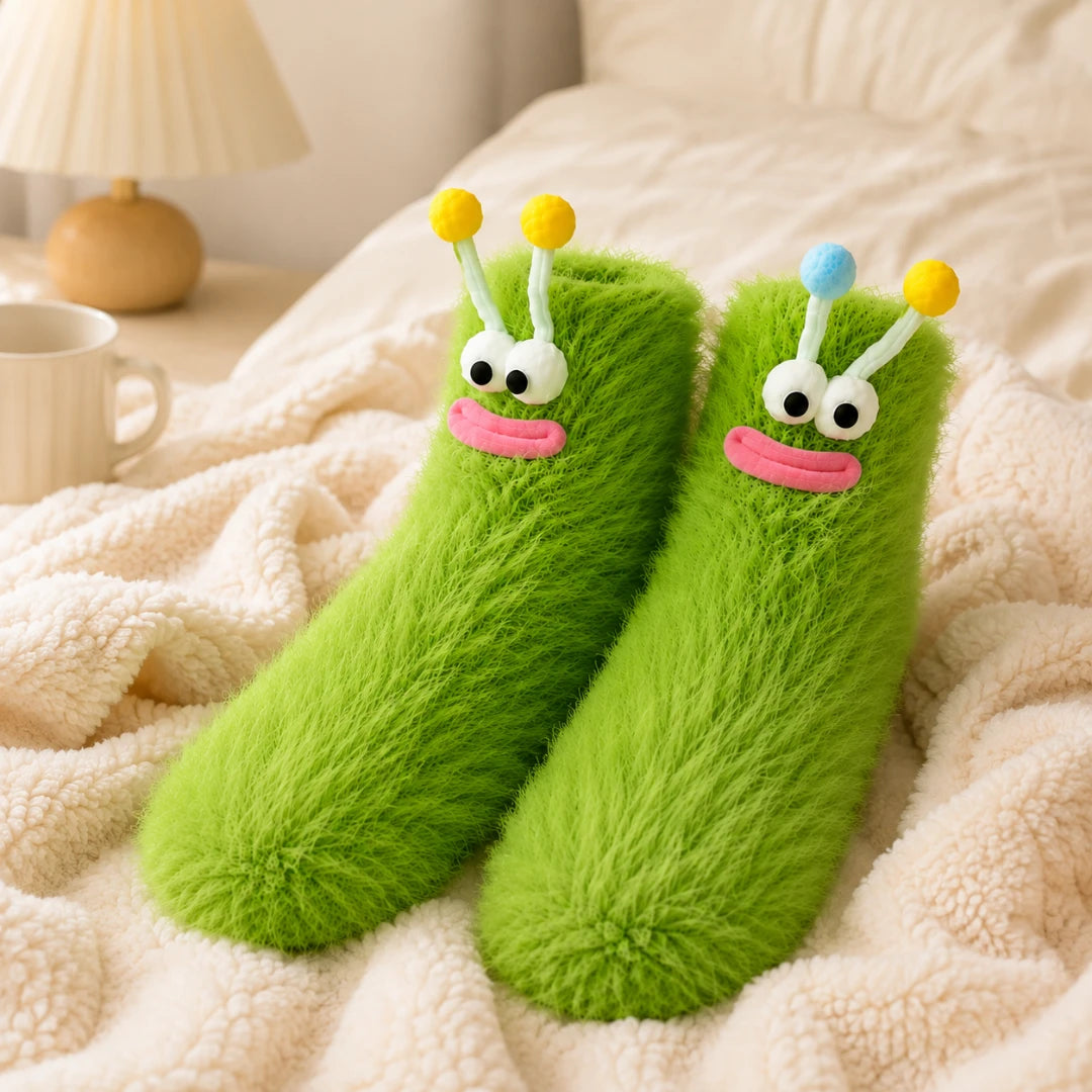 Josh & Tate - FuzzBuddy™ Cozy Socks - A pair of bright green fuzzy slipper socks with cartoon monster faces, resting on a soft cream-colored fleece blanket on a bed.