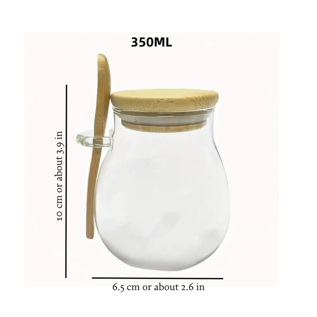Josh & Tate - Glass Storage Jar with Spoon - Glass jar with wooden lid and measurements on a white background