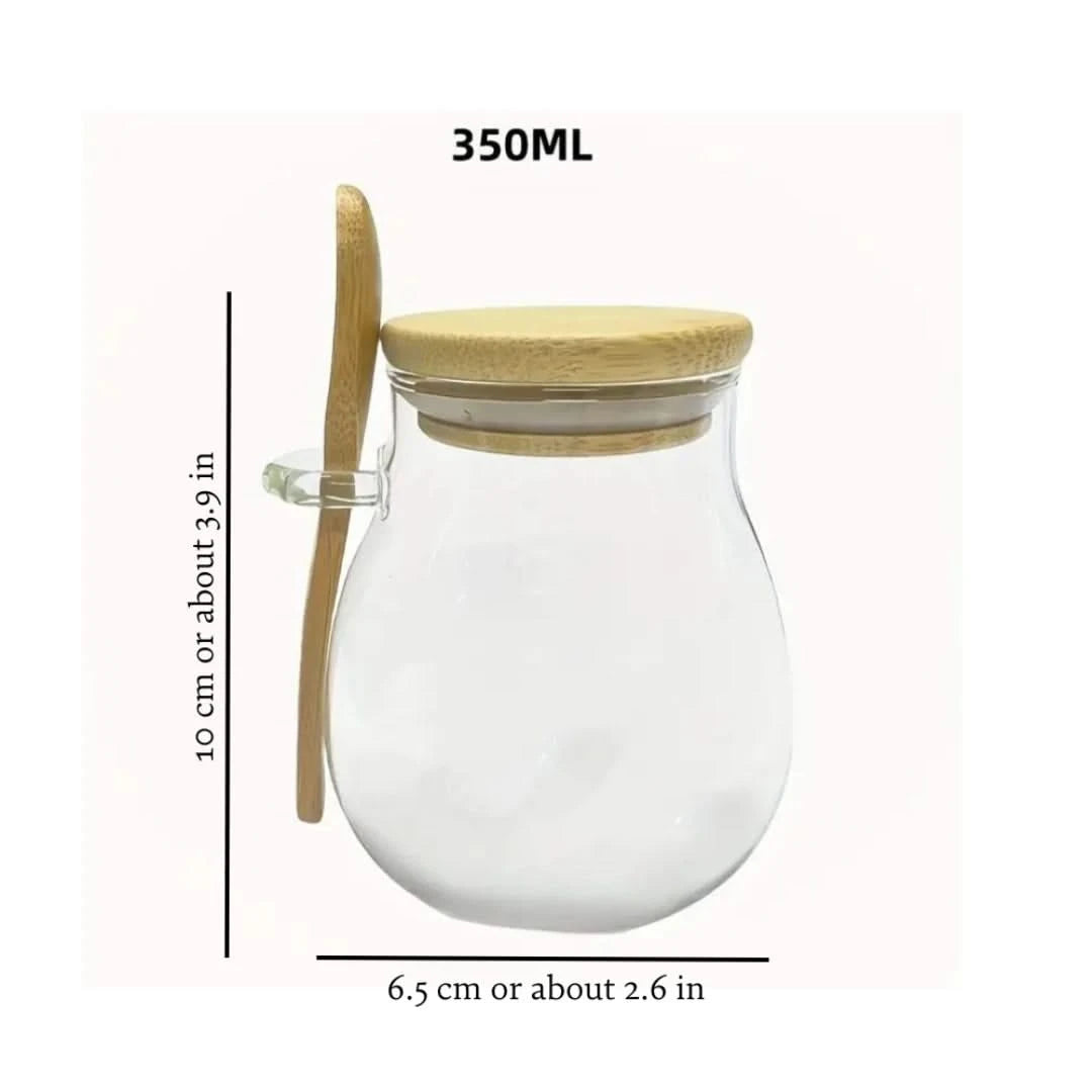 Josh & Tate - Glass Storage Jar with Spoon - Glass jar with wooden lid and measurements on a white background