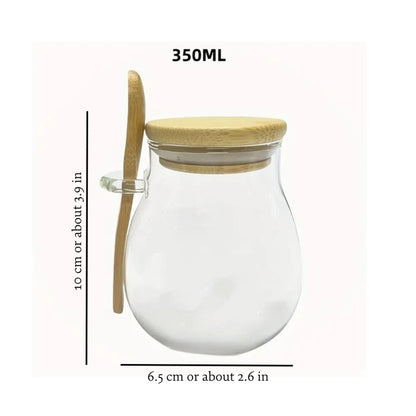 Josh & Tate - Glass Storage Jar with Spoon - Glass jar with wooden lid and measurements on a white background