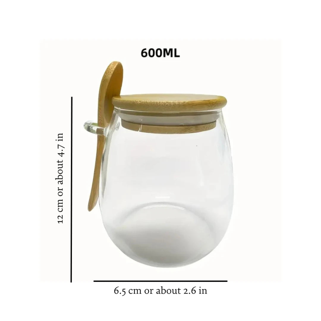 Josh & Tate - Glass Storage Jar with Spoon - Clear glass jar with wooden lid and measurements on a white background