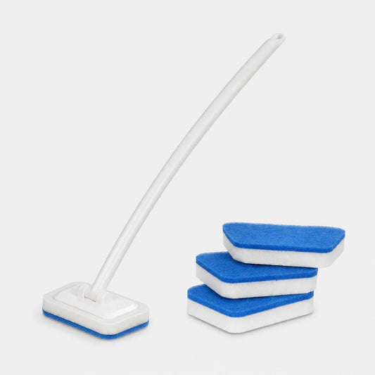 Josh & Tate - GlazeSafe™ Multi-Surface Scrub Brush - A white-handled cleaning sponge brush with a rectangular blue-and-white scrubber head, shown alongside three stacked additional scrubber pads on a light gray background.