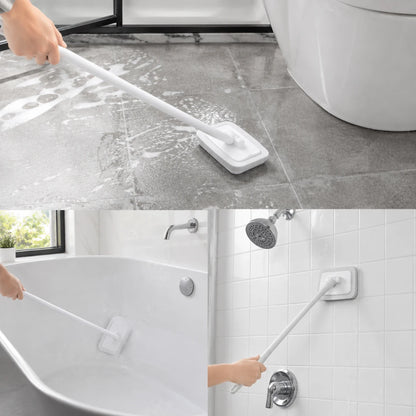 Josh & Tate - GlazeSafe™ Multi-Surface Scrub Brush - A three-panel collage showing a long-handled toilet brush being used in a bathroom setting. The top panel shows the brush cleaning a gray tiled floor near a toilet, with a hand holding the handle.