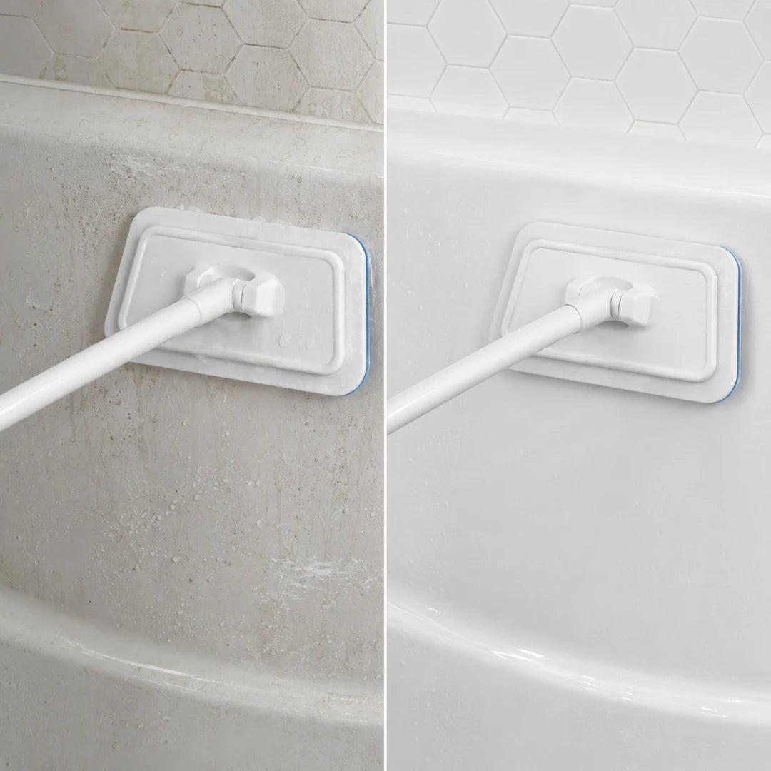 Josh & Tate - GlazeSafe™ Multi-Surface Scrub Brush - A side-by-side comparison showing a white bathtub cleaning brush with a flexible scrubber attachment. The left side shows the dirty, stained tub surface, while the right side shows a clean, white tub surface after use.