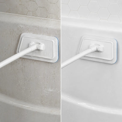 Josh & Tate - GlazeSafe™ Multi-Surface Scrub Brush - A side-by-side comparison showing a white bathtub cleaning brush with a flexible scrubber attachment. The left side shows the dirty, stained tub surface, while the right side shows a clean, white tub surface after use.