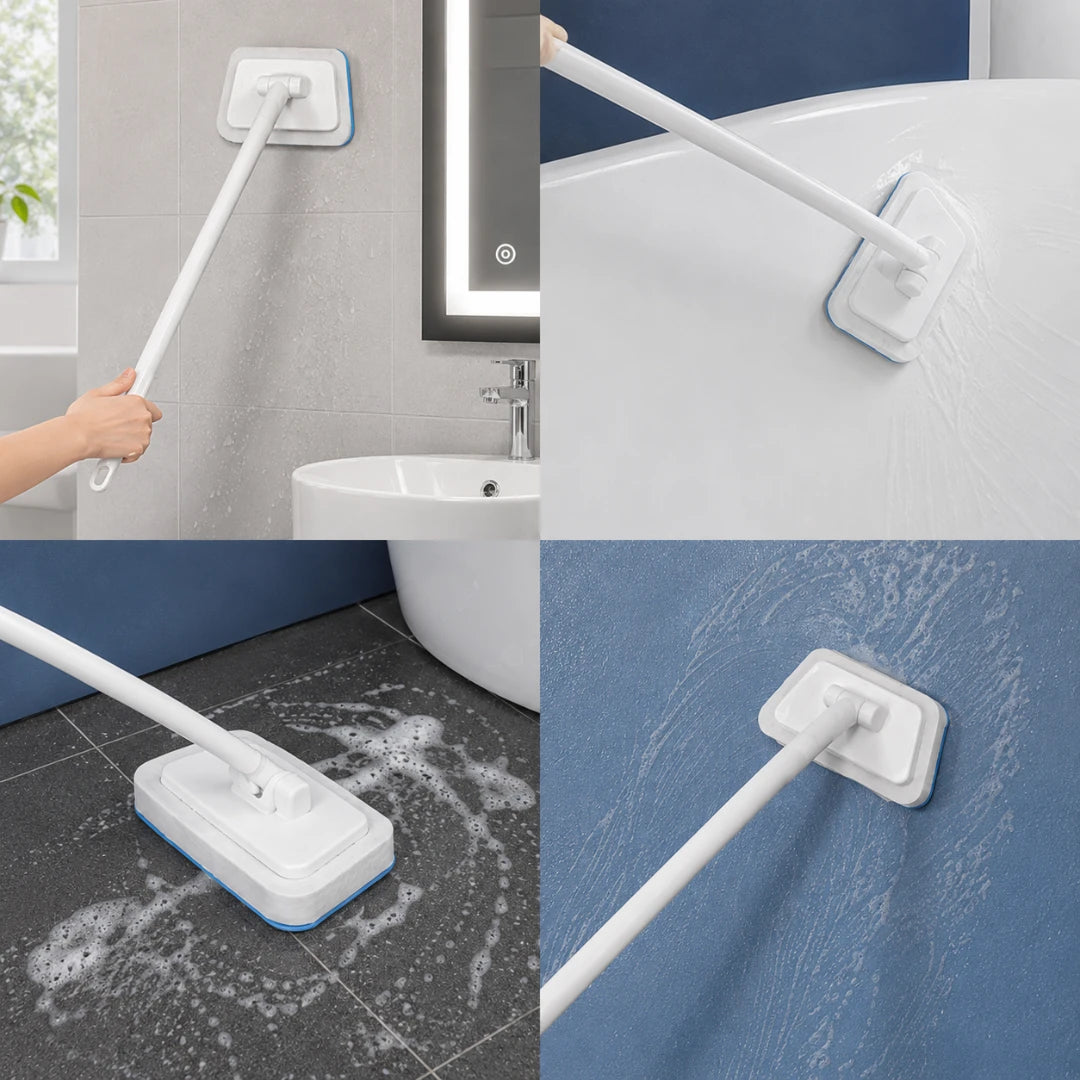 Josh & Tate - GlazeSafe™ Multi-Surface Scrub Brush - A four-panel collage showing a wall-mounted long-handled floor scrubber in use. The top-left panel shows a hand holding the handle while scrubbing a bathroom wall near a sink.