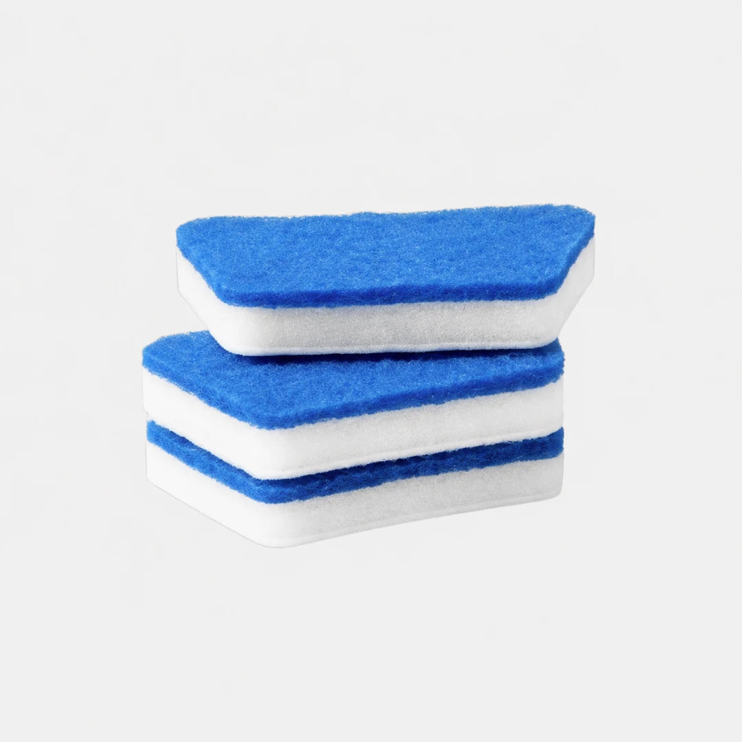 Josh & Tate - GlazeSafe™ Multi-Surface Scrub Brush - Two rectangular sponge washcloths stacked on a light gray background. Each sponge has a bright blue top side and a white side.