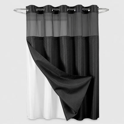 Josh & Tate - GlideCurtain™ No-Hook Shower Curtain - A black and white curtain panel hanging from a silver metal rod with grommets, shown against a light gray background.