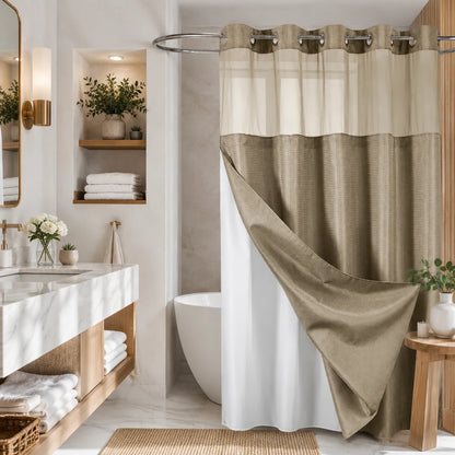 Josh & Tate - GlideCurtain™ No-Hook Shower Curtain - A beige and white shower curtain hanging in a bright, modern bathroom with a white bathtub, wooden vanity, and built-in shelves.