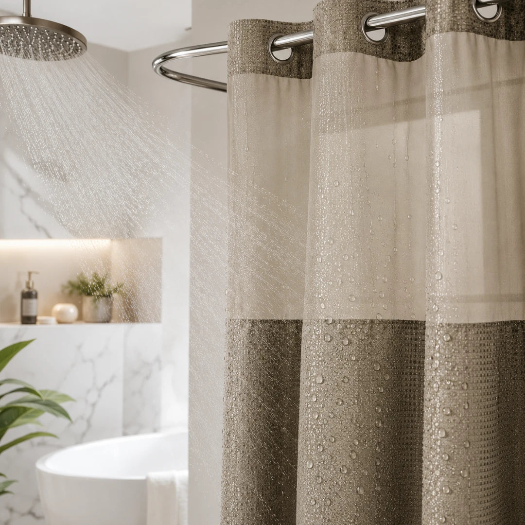 Josh & Tate - GlideCurtain™ No-Hook Shower Curtain - A close-up of a shower curtain in a real bathroom setting, with water spraying from a shower head. The curtain is two-tone, featuring a sheer light beige top section and a textured taupe-brown bottom section with water droplets.