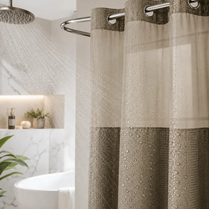 Josh & Tate - GlideCurtain™ No-Hook Shower Curtain - A close-up of a shower curtain in a real bathroom setting, with water spraying from a shower head. The curtain is two-tone, featuring a sheer light beige top section and a textured taupe-brown bottom section with water droplets.