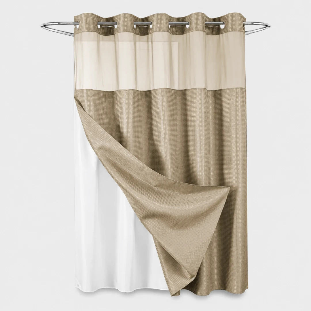 Josh & Tate - GlideCurtain™ No-Hook Shower Curtain - A three-tone curtain panel with horizontal stripes of cream, taupe, and white, hanging from a silver metal rod.