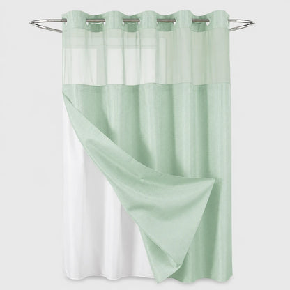 Josh & Tate - GlideCurtain™ No-Hook Shower Curtain - A two-tone shower curtain in mint green and white, featuring a solid lower section and a sheer mesh upper panel with grommets, hanging from a silver metal rod against a light gray background.
