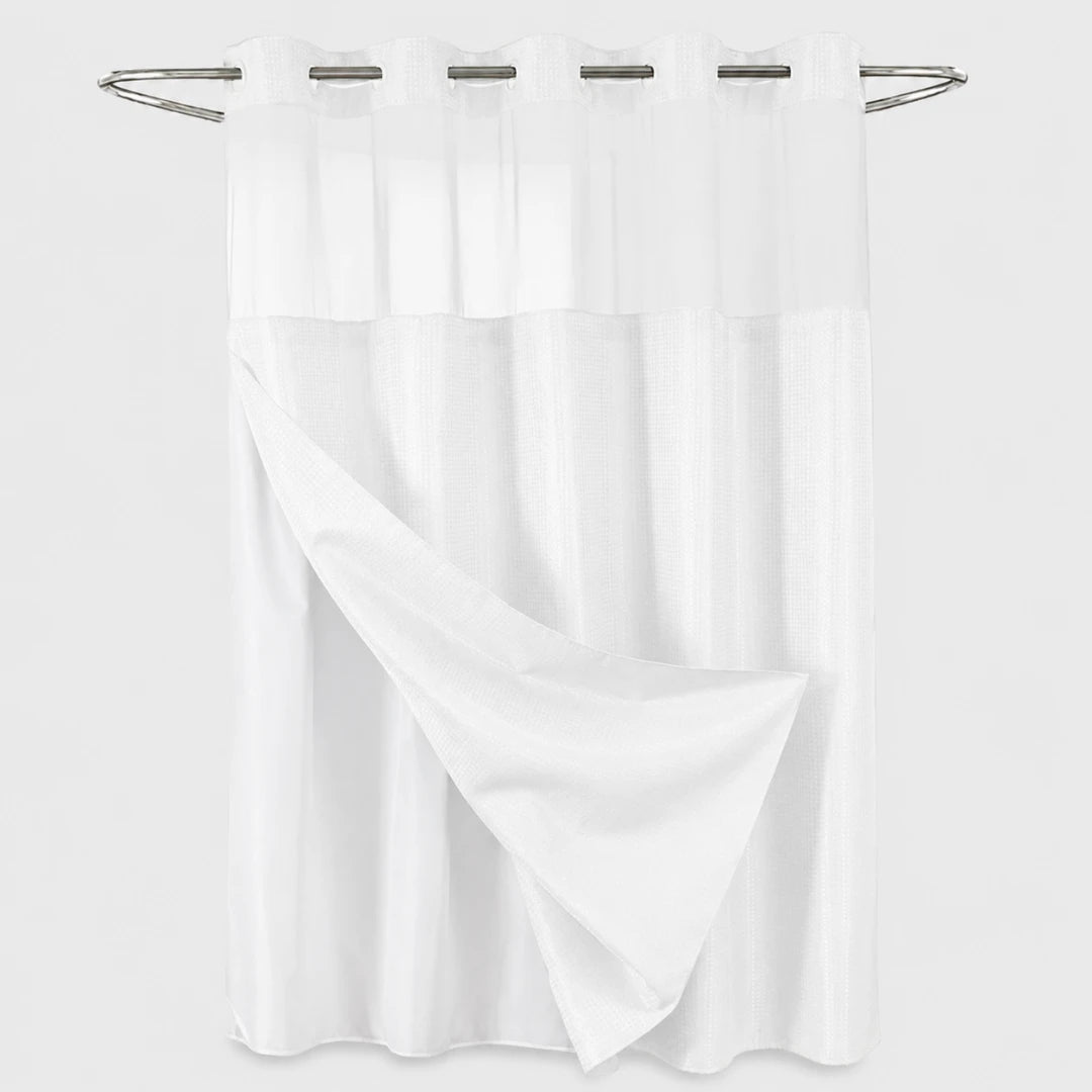 Josh & Tate - GlideCurtain™ No-Hook Shower Curtain - A white sheer curtain panel hanging from a silver metal rod with matching rings, shown against a plain light gray background.