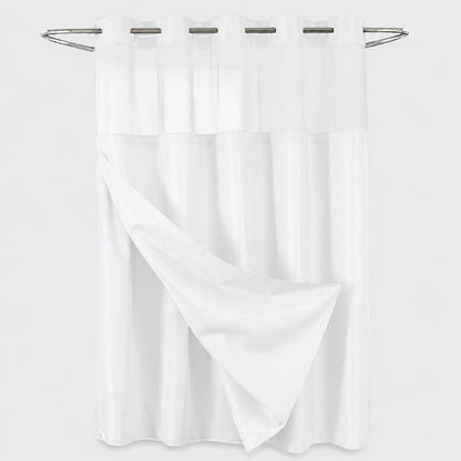 Josh & Tate - GlideCurtain™ No-Hook Shower Curtain - A white sheer curtain panel hanging from a silver metal rod with matching rings, shown against a plain light gray background.