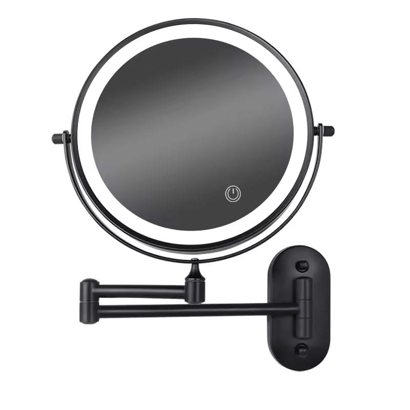 Black wall-mounted makeup mirror with LED lights on a white background