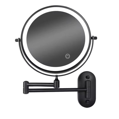 Black wall-mounted makeup mirror with LED lights on a white background