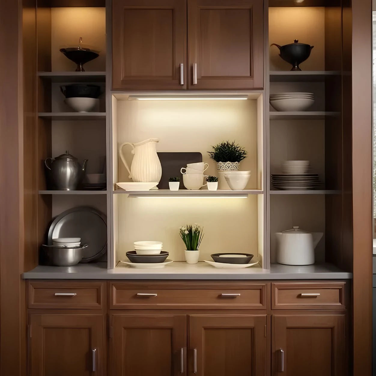 Josh & Tate - GlowMotion Motion Sensor Lamp - Wooden kitchen cabinets with shelves displaying various dishes and decor items.