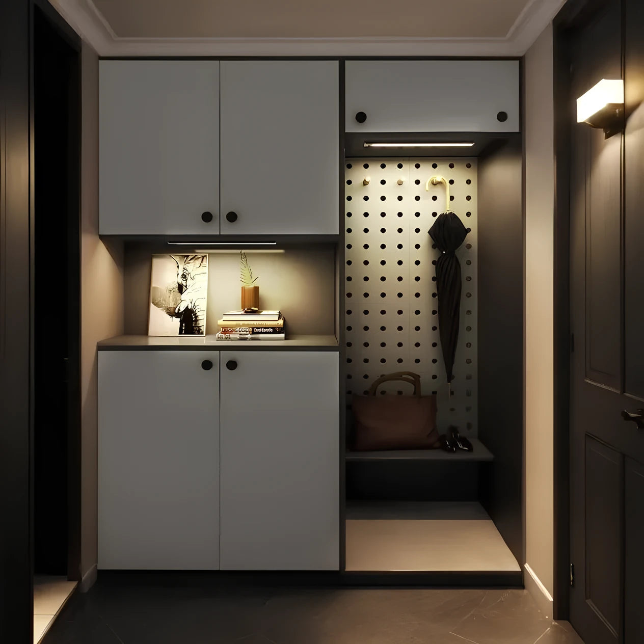Josh & Tate - GlowMotion Motion Sensor Lamp - Modern interior of a hallway with gray cabinets, a pegboard wall, and a light fixture.
