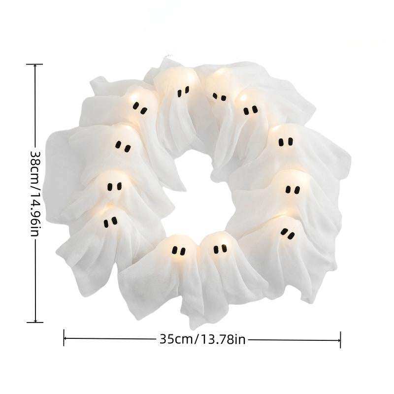 Halloween ghost wreath with lights and measurements on a white background