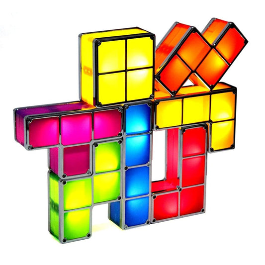 Colorful Tetris-style block lamp on a white background