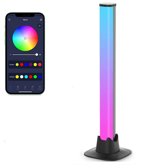 Colorful LED tower with smartphone app interface on a white background