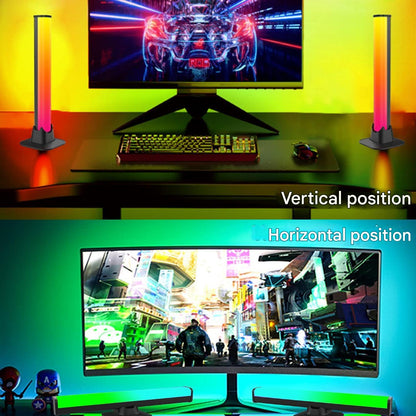 Gaming setup with RGB lights in vertical and horizontal positions on a desk.