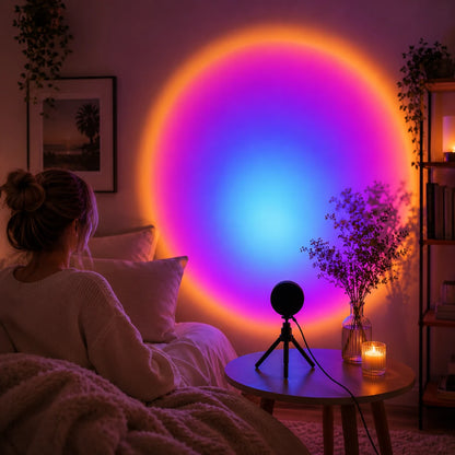 Josh & Tate - GoldenHour Sunset Lamp - A person sits on a bed in a dimly lit bedroom, facing a large circular wall light that projects a gradient of orange, yellow, pink, and blue light. A small tripod-mounted camera, a candle, and a glass vase with dried stems sit on a bedside table.