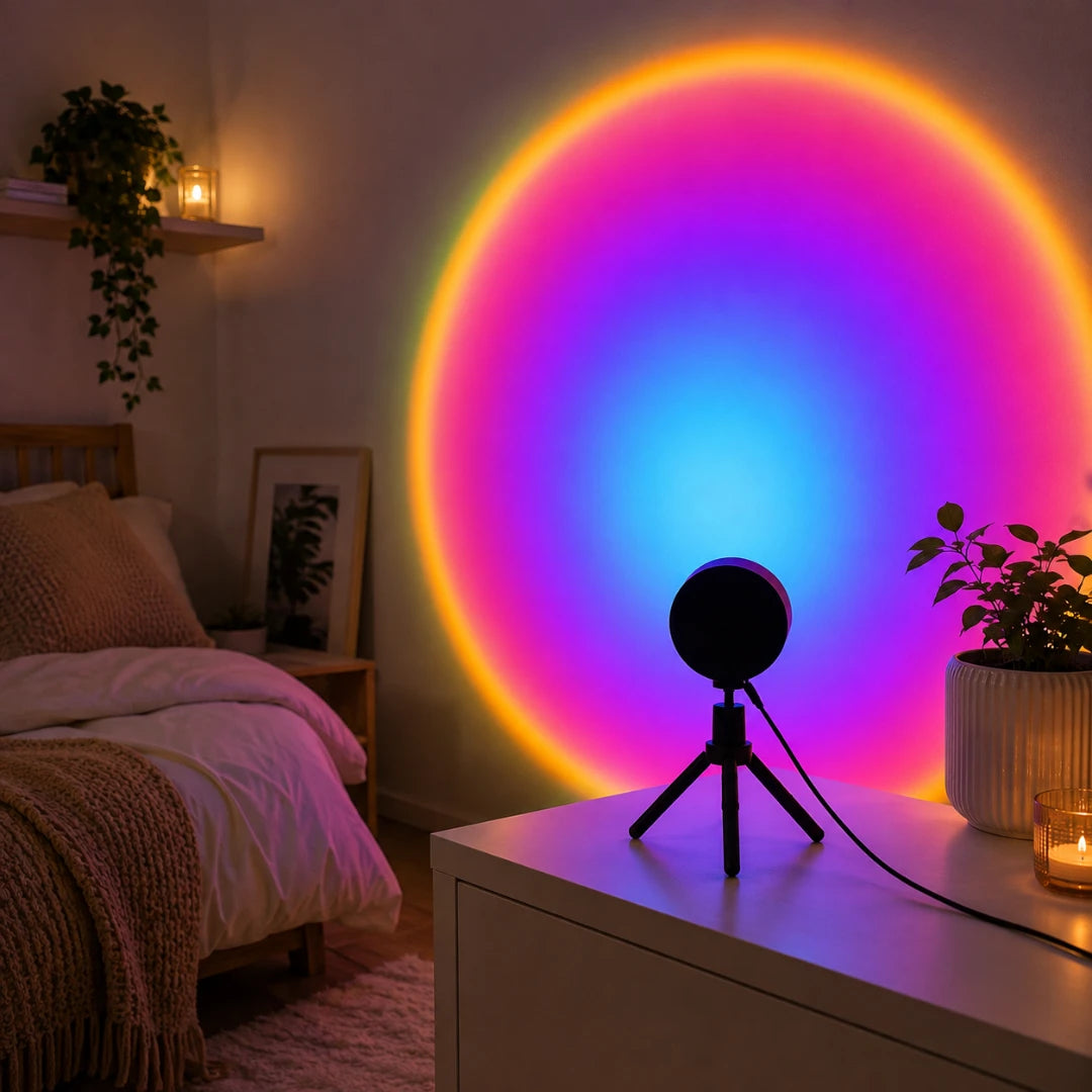 Josh & Tate - GoldenHour Sunset Lamp - A small black circular light on a tripod casting a large multicolor rainbow circle on a bedroom wall, with a bed, plants, and bedside table visible in the scene.
