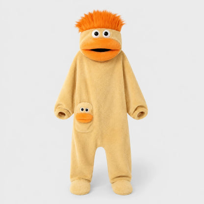 Josh & Tate - GoofSuit™ Big Mouth Monster Onesie - A plush duck character costume or doll featuring orange hair, a beige body, and a front pocket with a small duck face detail, photographed against a light gray studio background.