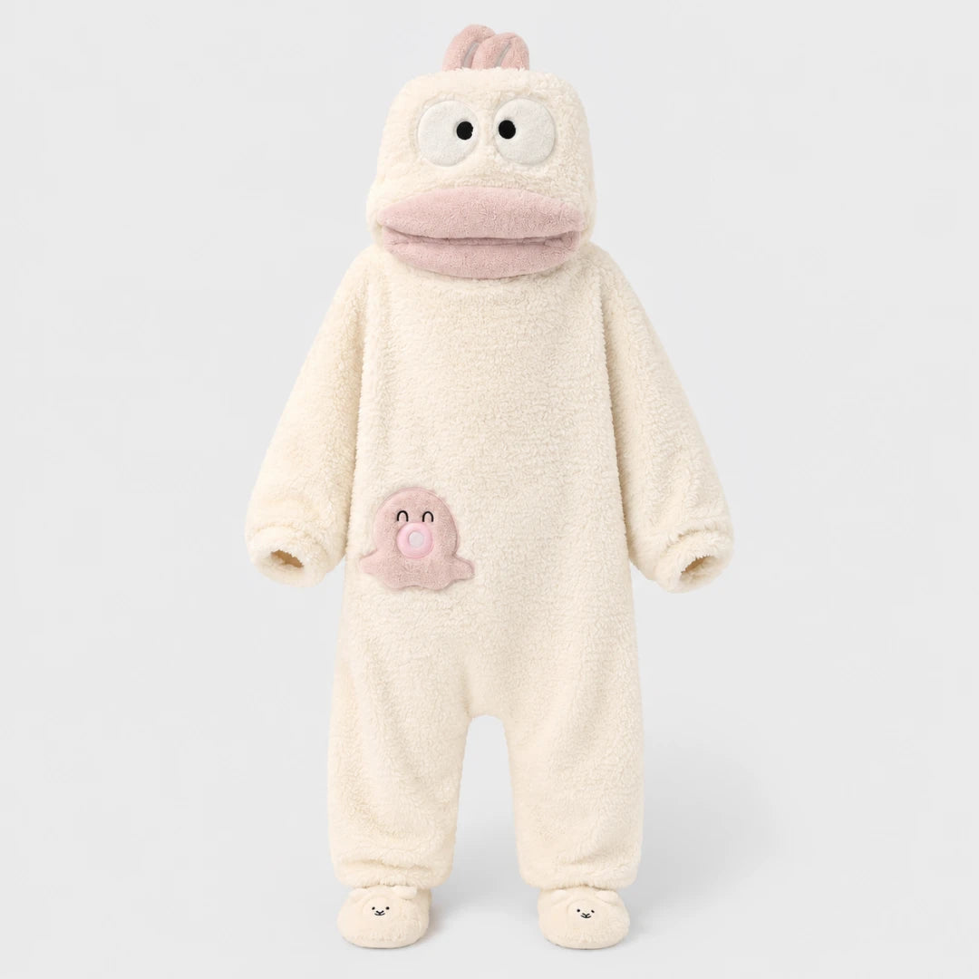 Josh & Tate - GoofSuit™ Big Mouth Monster Onesie - A baby's footed sleeper in a plush fleece material, featuring a cute cartoon monster design with a pink mouth, large eyes, and a small pink monster on the chest, set against a plain light gray background.