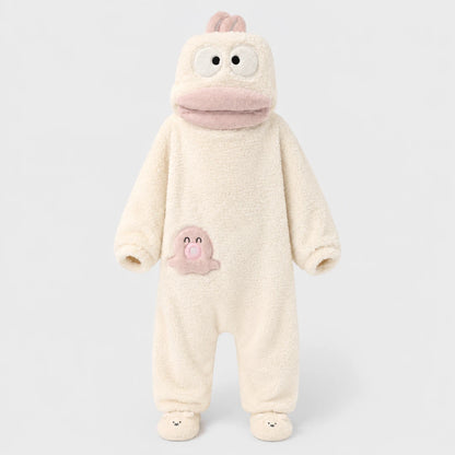 Josh & Tate - GoofSuit™ Big Mouth Monster Onesie - A baby's footed sleeper in a plush fleece material, featuring a cute cartoon monster design with a pink mouth, large eyes, and a small pink monster on the chest, set against a plain light gray background.