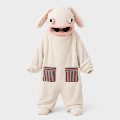 Josh & Tate - GoofSuit™ Big Mouth Monster Onesie - A baby's plush animal costume resembling a sheep or bunny with floppy ears, a wide pink mouth, and two striped pockets on a light gray background.