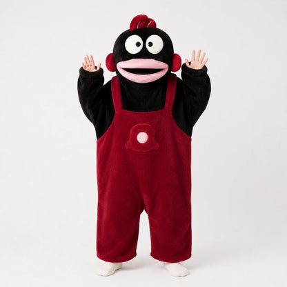 Josh & Tate - GoofSuit™ Big Mouth Monster Onesie - A person wearing a plush character costume resembling a black-and-red sock monkey, standing against a light gray studio background with hands raised and white socks visible at the feet.