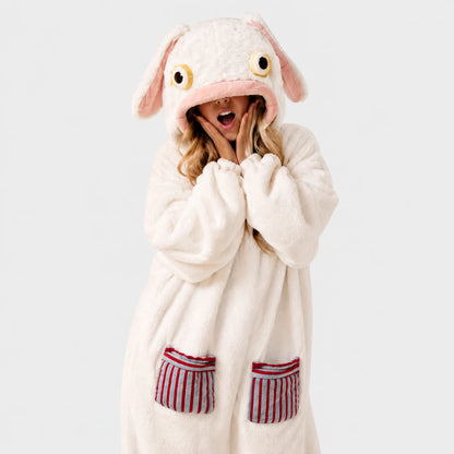 Josh & Tate - GoofSuit™ Big Mouth Monster Onesie - A person wearing a plush animal-style hooded robe in off-white with pink inner ears and red-and-white striped pocket details, posed against a light gray studio background.
