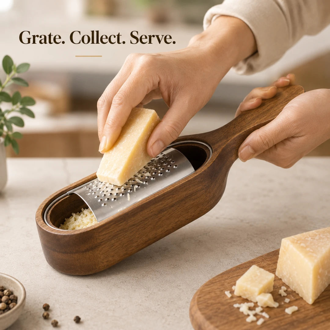 Josh & Tate - GrateTrough™ Wooden Cheese Grater - A wooden handheld cheese grater with a stainless steel grating surface, shown being used with a wedge of Parmesan cheese. A person's hands are visible holding the product and cheese, set on a light countertop with a blurred kitchen background and text overlay 'Grate.